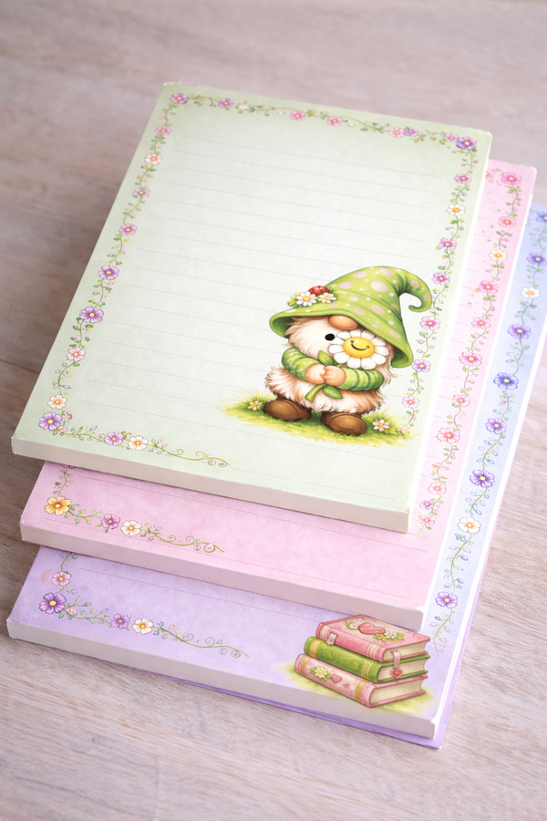 Bookish Cottagecore Notepad | Floral Writing Paper Printable | Cute Gnome Stationery