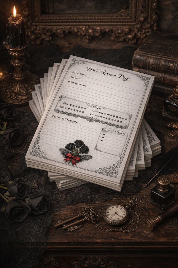 Dark Romance Book Review Page Printable | Gothic Reading Journal | Black Rose Review Sheet | Digital Download